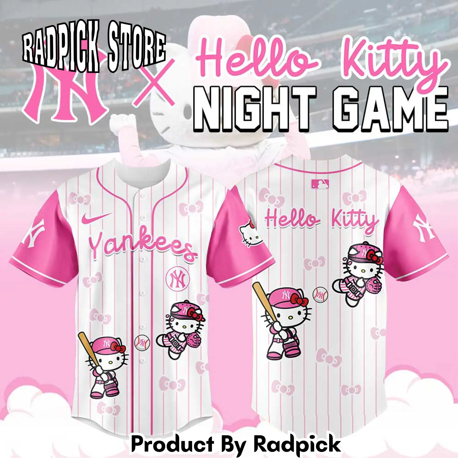 Radpick new york yankees x hello kitty night game pink logo baseball jersey rp127232